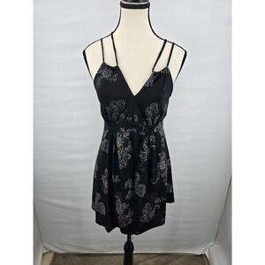 Meghan Noland Los Angeles Black Glitter Paisley Mini Dress Double Strap Womens L